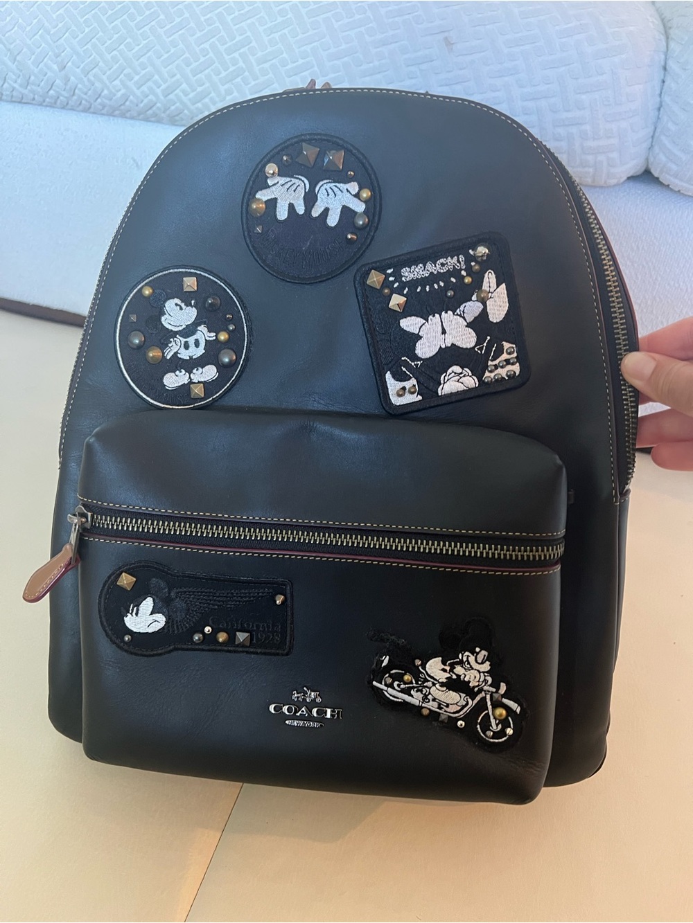 Coach Black Leather Backpack with Monochrome Disney Mickey Limited Patch Accents